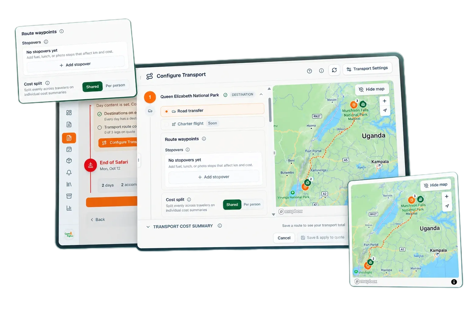 Quest Configure Transport screen with a route map, stopovers and cost split