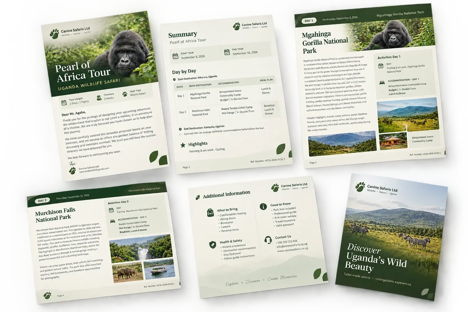 A collage of Quest tour brochure pages: cover, summary, day by day itinerary and additional information