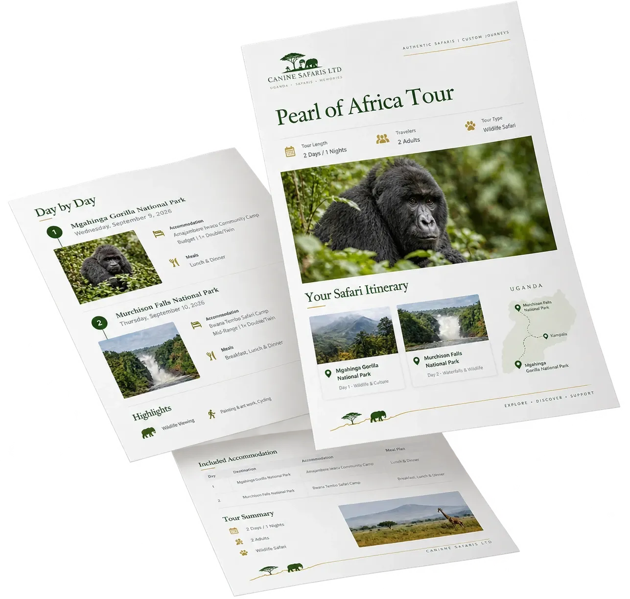 A stack of Quest quote pages for a Pearl of Africa tour with an itinerary, map and day by day schedule